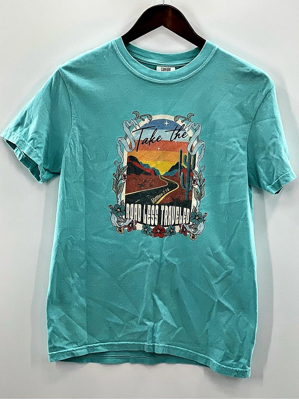 545 Comfort Colors Matthew 7:14 Road Less Traveled Blue Graphic Tee Small